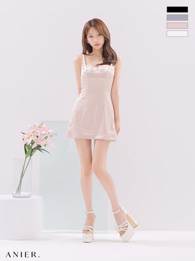 [ANIER./アニエル] 高級 ブランド Aラインミニドレス ノースリーブ 谷間 バストビジュー スクエアネック ワンカラー