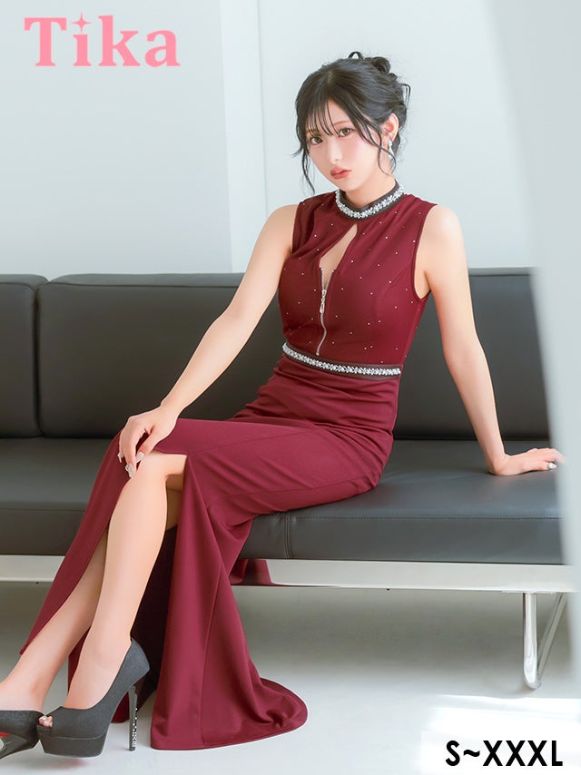 ロングドレス ノースリーブ ビジュー ハイネック ジップ 谷間 ストレッチ スリット 大きいサイズ ワインレッド XL XXL 4L タイト キャバドレス