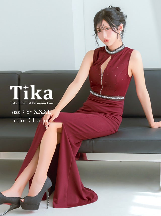ロングドレス ノースリーブ ビジュー ハイネック ジップ 谷間 ストレッチ スリット 大きいサイズ ワインレッド XL XXL 4L タイト キャバドレス