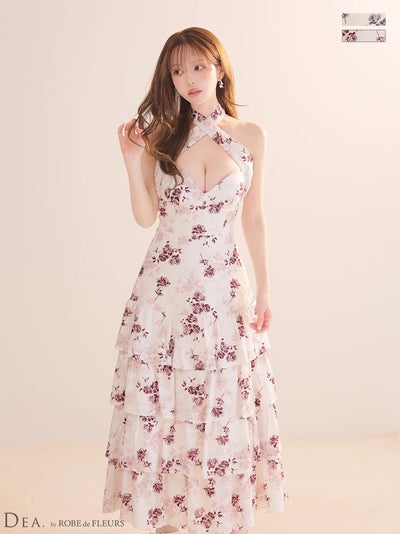 高級 ブランド Aラインロングドレス ホルターネック 谷間 リボン 背中魅せ ジャガード 花柄 ティアードフリル