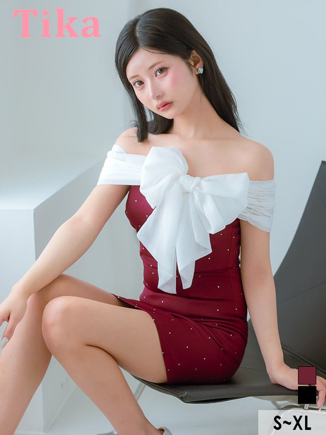 ミニドレス オフショルダー シフォン ビッグリボン ドットビジュー ストレッチ ワインレッド XL タイト キャバドレス