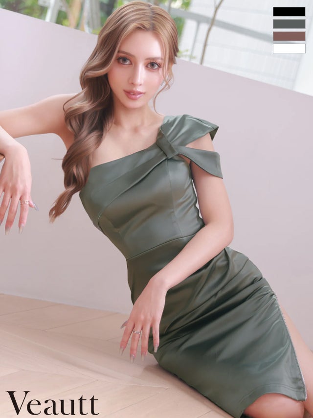 [Veautt/ヴュート] 高級 ブランド 膝丈ドレス ワンショルダー リボンモチーフ スリット タックデザイン