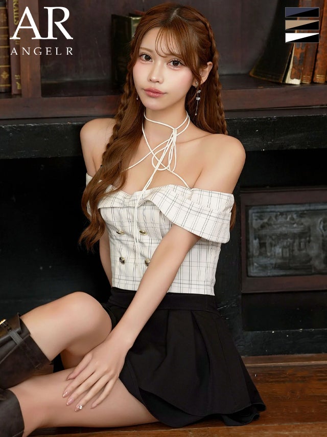 [Angel-R/エンジェルアール] 高級 ブランド Aラインミニドレス セットアップ オフショルダー ネックリボン チェック柄 ダブルボタン バイカラー