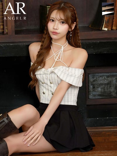 [Angel-R/エンジェルアール] 高級 ブランド Aラインミニドレス セットアップ オフショルダー ネックリボン チェック柄 ダブルボタン バイカラー