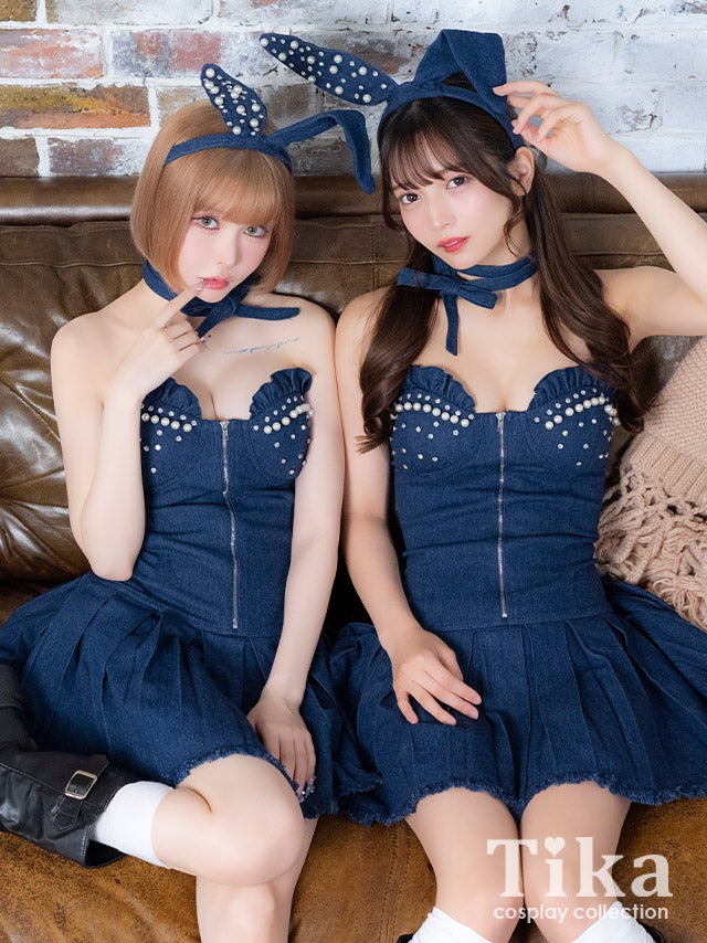コスプレ バニー 3点set デニム ベア パールビジュー フロントジップ プリーツ フレアスカート ガーリー アニマル