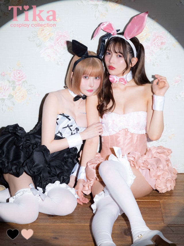 コスプレ バニー 5点set ベアトップ リボン バイカラー ローズフリル フレアスカート メイド風 ガーリー アニマル