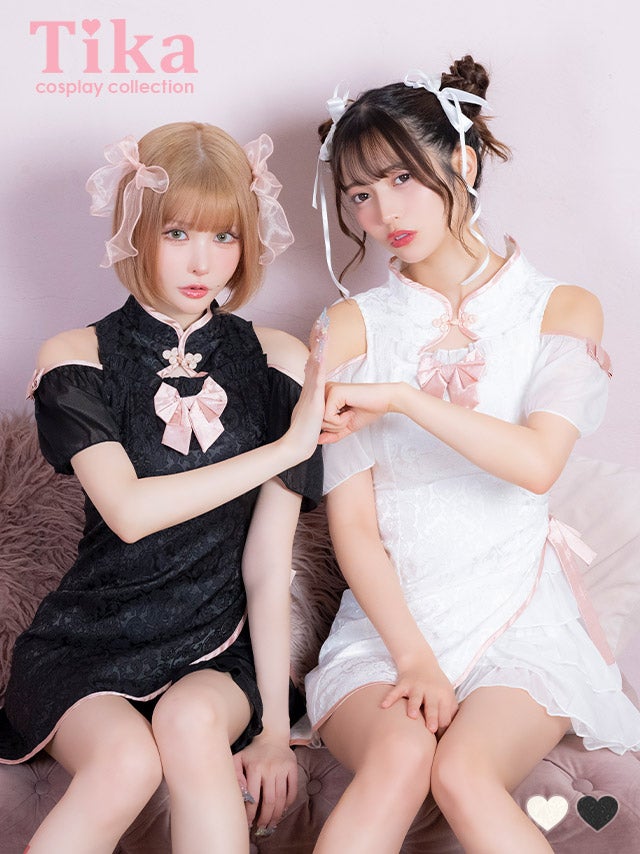 コスプレ チャイナ服 1点set 体型カバー ジャガード風 リボン パイピング シアーフリル ガーリー
