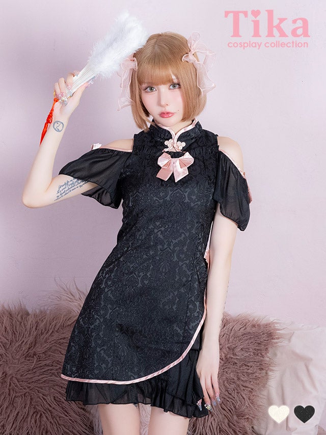 コスプレ チャイナ服 1点set 体型カバー ジャガード風 リボン パイピング シアーフリル ガーリー