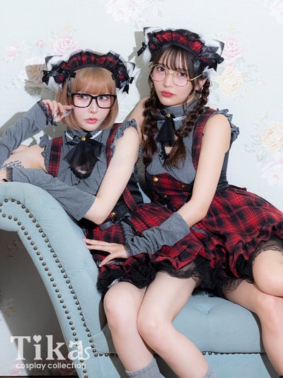 コスプレ 猫 4点set 体型カバー メイド 制服 リボンタイ タータンチェック柄 フレアスカート クラシカル ガーリー アニマル 7点セット