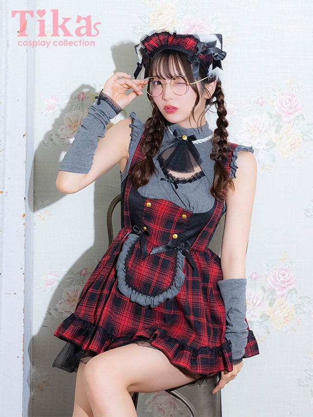 コスプレ 猫 4点set 体型カバー メイド 制服 リボンタイ タータンチェック柄 フレアスカート クラシカル ガーリー アニマル 7点セット
