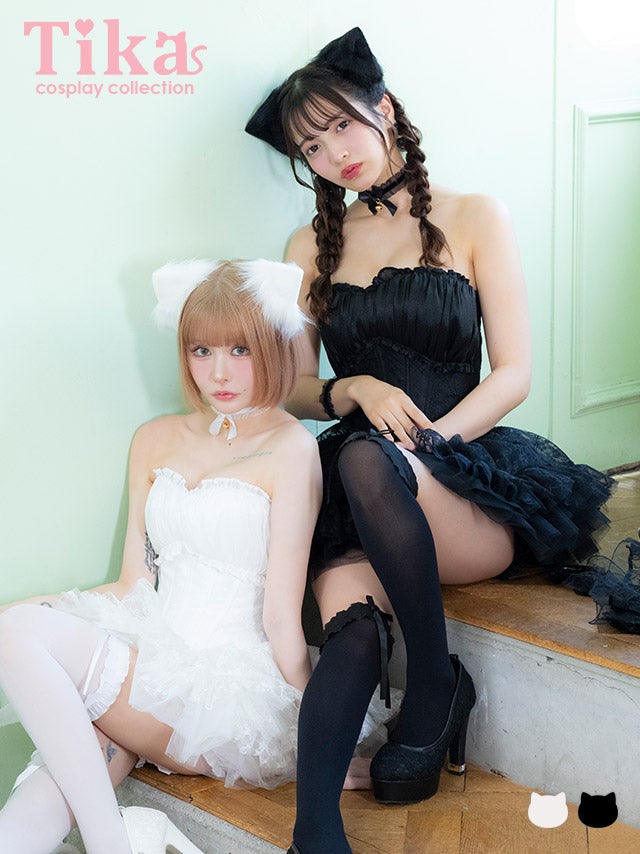 コスプレ 猫 7点set ベアトップ コルセット風 ボリュームフレアスカート ロリーター アニマル