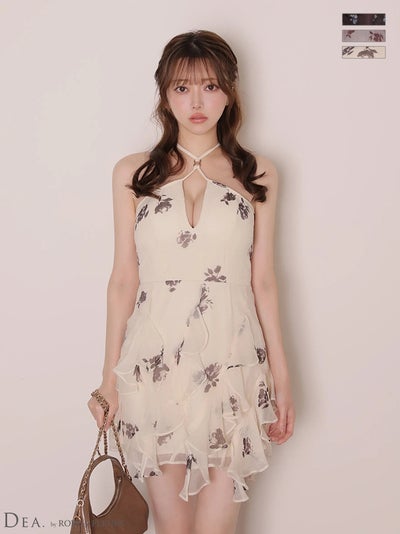 高級 ブランド ホルターネック シフォン フリル 谷間 花柄 Aラインミニドレス