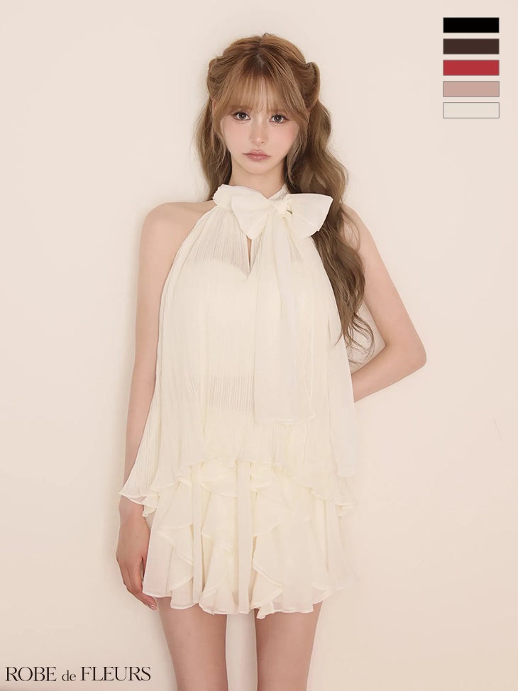 [ROBEdeFLEURS/ローブドフルール] 高級 ブランド ホルターネック プリーツシフォン 2way リボン セットアップ Aラインミニドレス