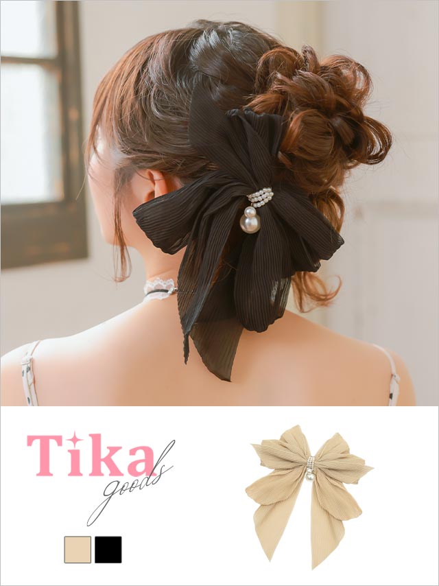 プリーツ パール リボン バレッタ ヘアアクセサリー