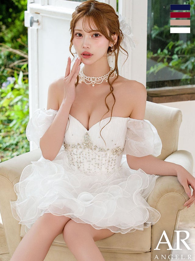 [Angel-R/エンジェルアール] 高級 ブランド Aラインミニドレス ベアトップ ハートカット 谷間 2way ビジュー フリル