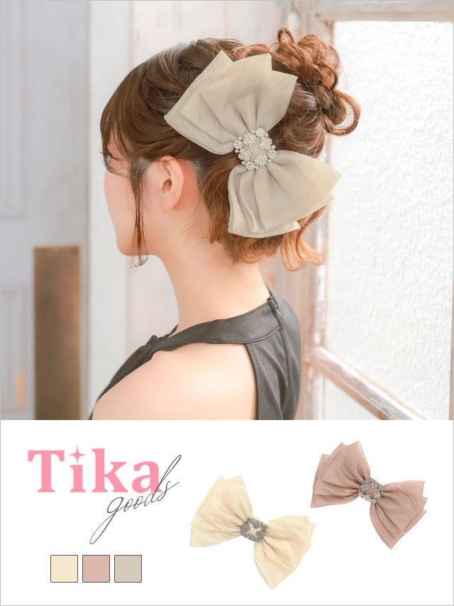 オーガンジー キラキラビジューバックル リボン バレッタ ヘアアクセサリー