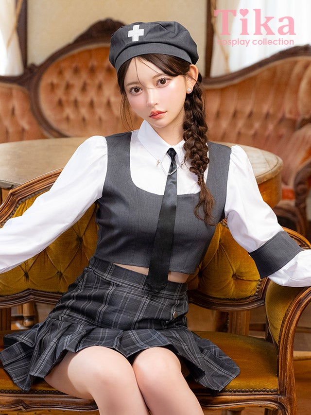 コスプレ ナース 5点set 制服 体型カバー プレッピー プリーツ フレアスカート へそ出し