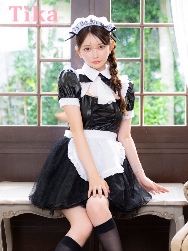 コスプレ メイド 4点set 制服 体型カバー レザー ドットチュール ガーリー