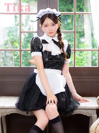 コスプレ メイド 4点set 制服 体型カバー レザー ドットチュール ガーリー