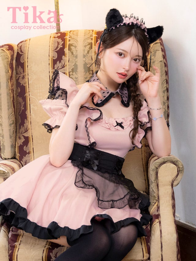 コスプレ 猫 6点set 体型カバー メイド 制服 黒猫 フリル ラブリー バイカラー フレアスカート ガーリー アニマル