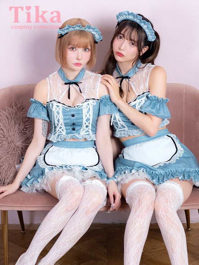 コスプレ メイド 5点set デニム風 レースアップ フリル リボン へそ出し ガーリー