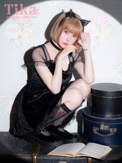 コスプレ 猫 3点set 体型カバー 黒猫 ドットシアースリーブ ベロア レース フレアスカート ガーリー アニマル