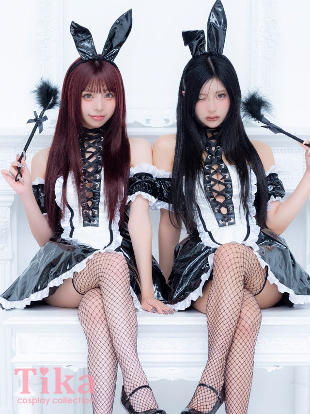 コスプレ バニー 4点set メイド レースアップ エナメル バイカラー フレアスカート アニマル