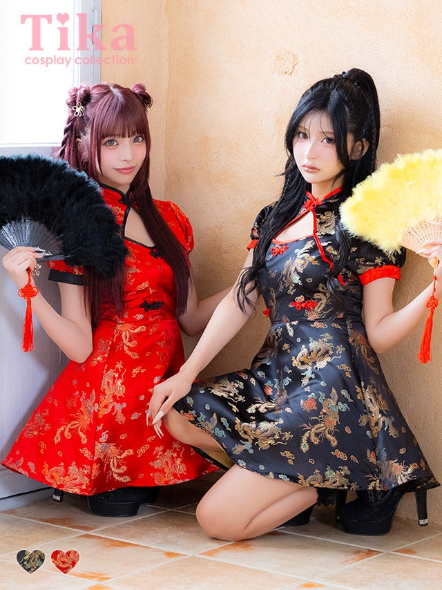 コスプレ チャイナ服 1点set 体型カバー ジャガード風 カットアウト パイピング