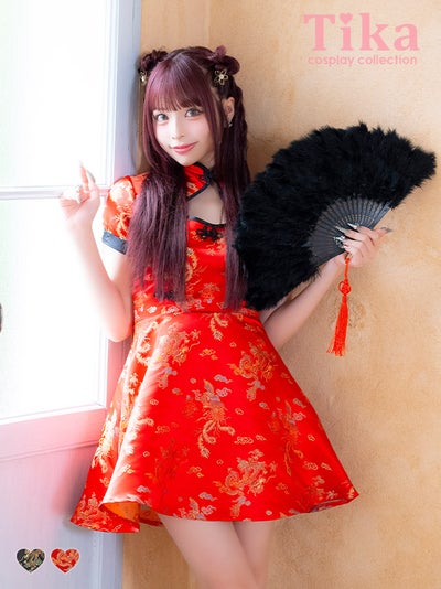 コスプレ チャイナ服 1点set 体型カバー ジャガード風 カットアウト パイピング 