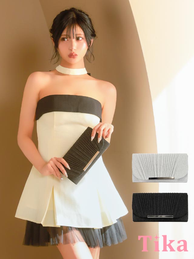 クラッチバッグ ショルダーバッグ プリーツ グリッターラメ メタルプレート チェーン 2Way