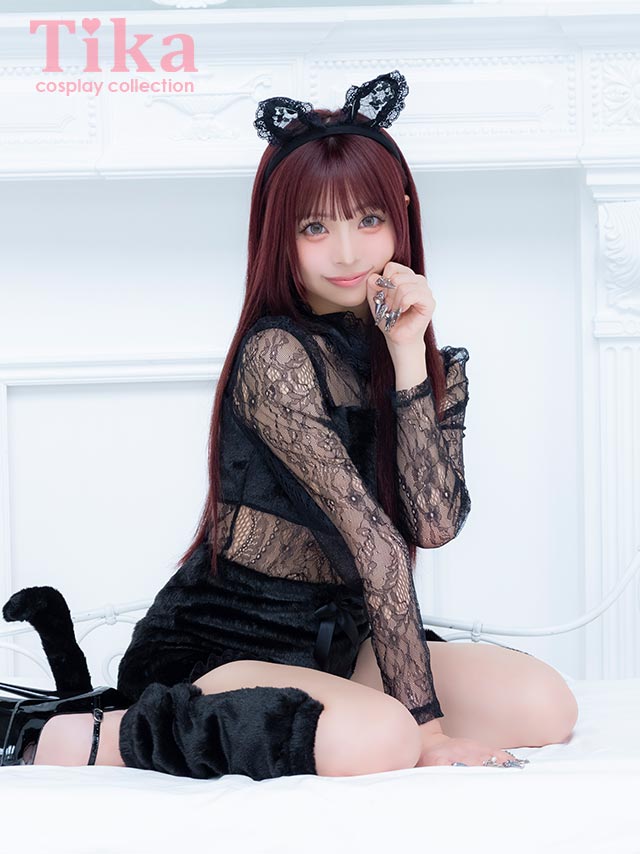 コスプレ 黒猫 5点set レース ふわふわファー 袖あり ハイネック アニマル