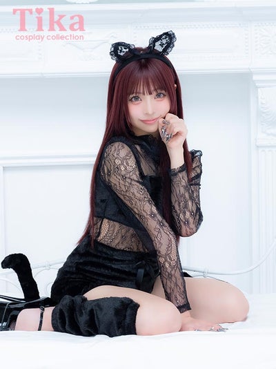 コスプレ 黒猫 5点set レース ふわふわファー 袖あり ハイネック アニマル