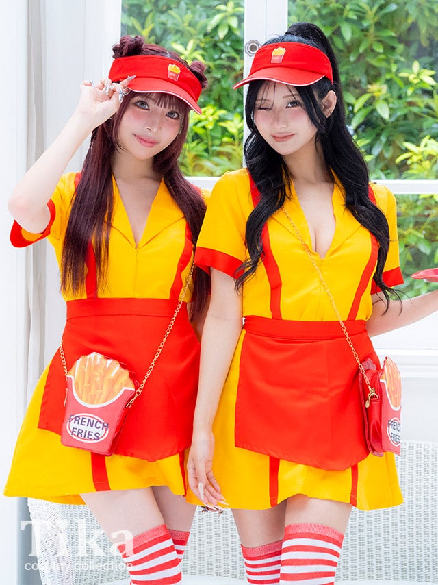 コスプレ 制服 5点set ダイナー アメリカンハンバーガー 体型カバー フレアスカート ショップガール
