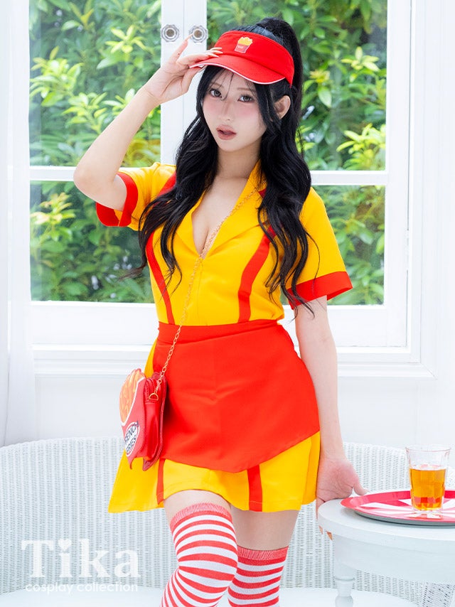 コスプレ 制服 5点set ダイナー アメリカンハンバーガー 体型カバー フレアスカート ショップガール