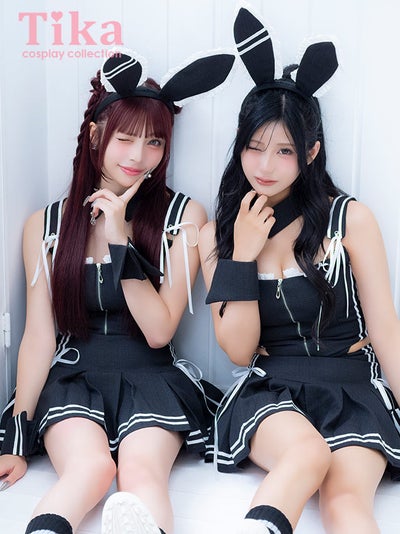 コスプレ バニー 6点set スポーティー プレッピー リボン フロントジップ プリーツ フレアスカート ガーリー アニマル