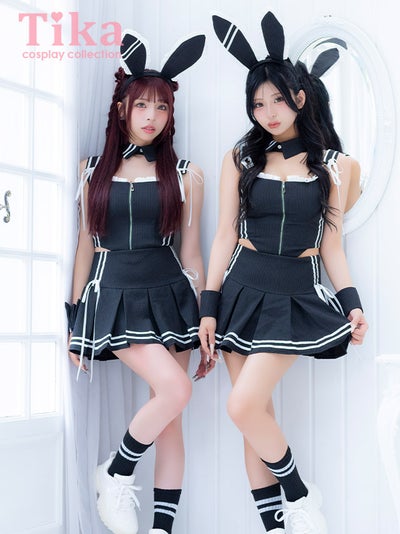 コスプレ バニー 6点set スポーティー プレッピー リボン フロントジップ プリーツ フレアスカート ガーリー アニマル