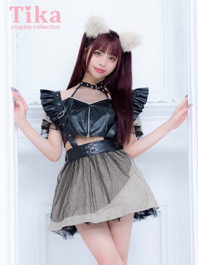 コスプレ オオカミ 4点セット メイド ウルフ レザー フロントジップ リング付き へそ出し