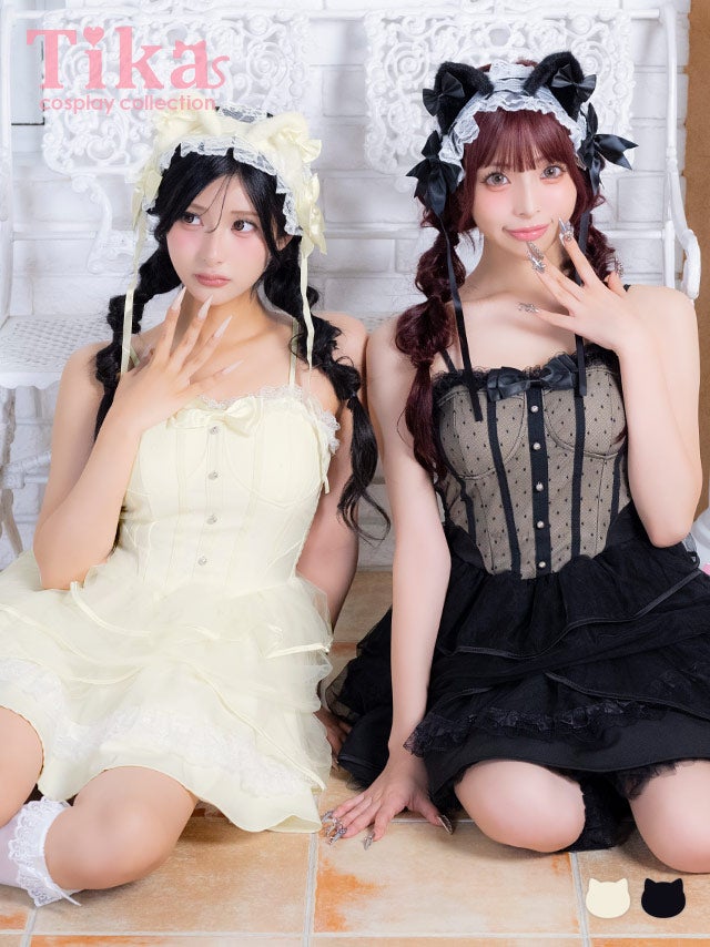コスプレ 猫 3点set ドットチュール リボン ガーリー フィッシュテール フレアスカート ロリーター アニマル