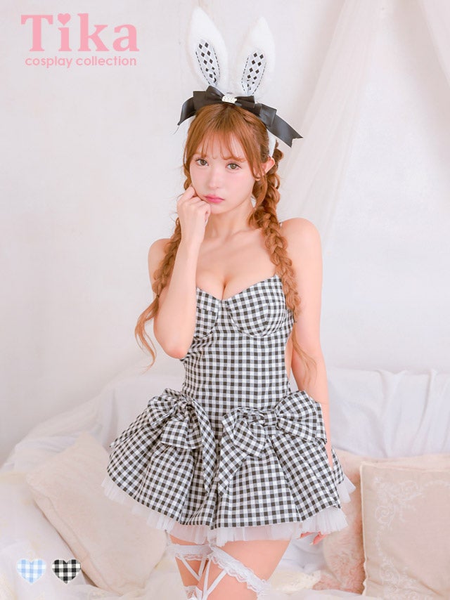 コスプレ バニー 4点set ギンガムチェク リボン フレアスカート ガーリー アニマル