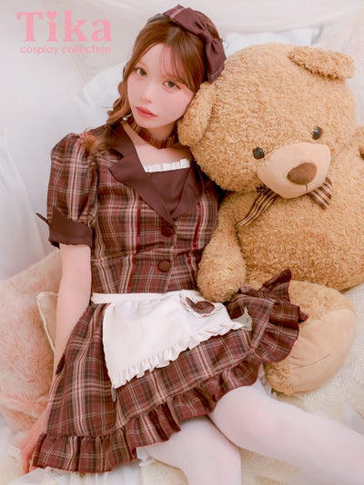 コスプレ 制服 4点set ダイナー タータンチェック柄 ビター 体型カバー フレアスカート ウェイトレス