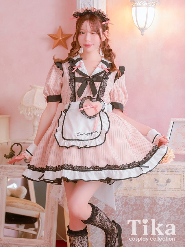 コスプレ メイド 4点set 制服 体型カバー ブラックレース リボン ラブリー ストライプ ガーリー