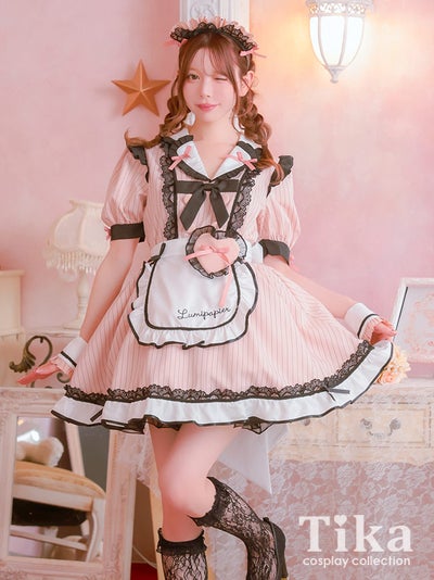 コスプレ メイド 4点set 制服 体型カバー ブラックレース リボン ラブリー ストライプ ガーリー
