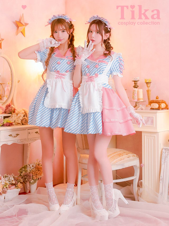 コスプレ 制服 4点set ダイナー メイド ストライプ 体型カバー フレアスカート ポップ ガーリー ウェイトレス