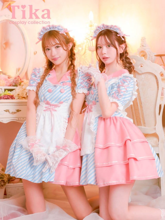 コスプレ 制服 4点set ダイナー メイド ストライプ 体型カバー フレアスカート ポップ ガーリー ウェイトレス