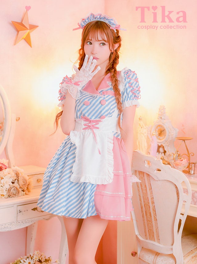 スプレ 制服 4点set ダイナー メイド ストライプ 体型カバー フレアスカート ポップ ガーリー ウェイトレス