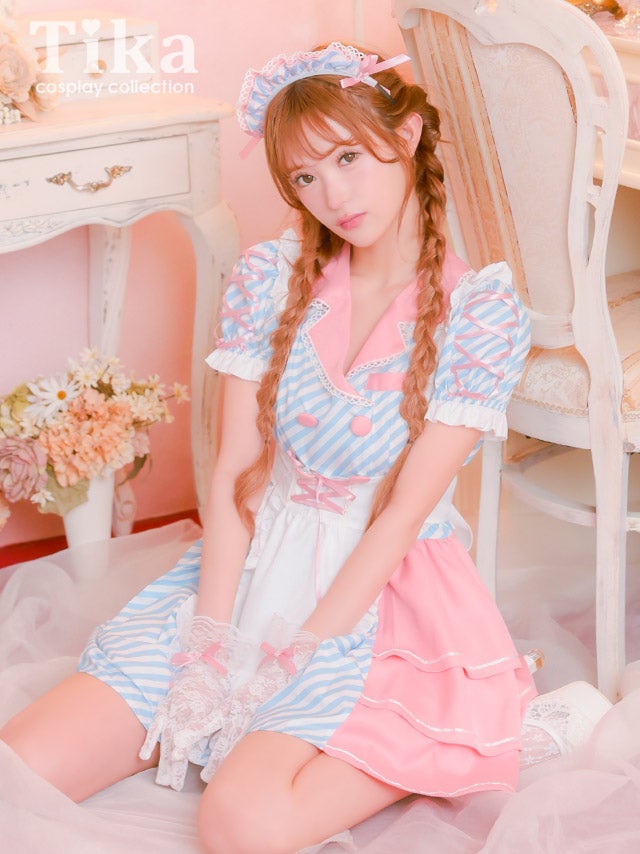 スプレ 制服 4点set ダイナー メイド ストライプ 体型カバー フレアスカート ポップ ガーリー ウェイトレス