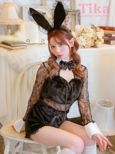 コスプレ バニーガール 4点set シアーレース もこもこ モノトーン へそ出し アニマル