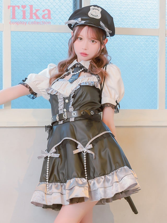 コスプレ ポリス 5点set レザー パール リボン ガーリー 制服 警察官