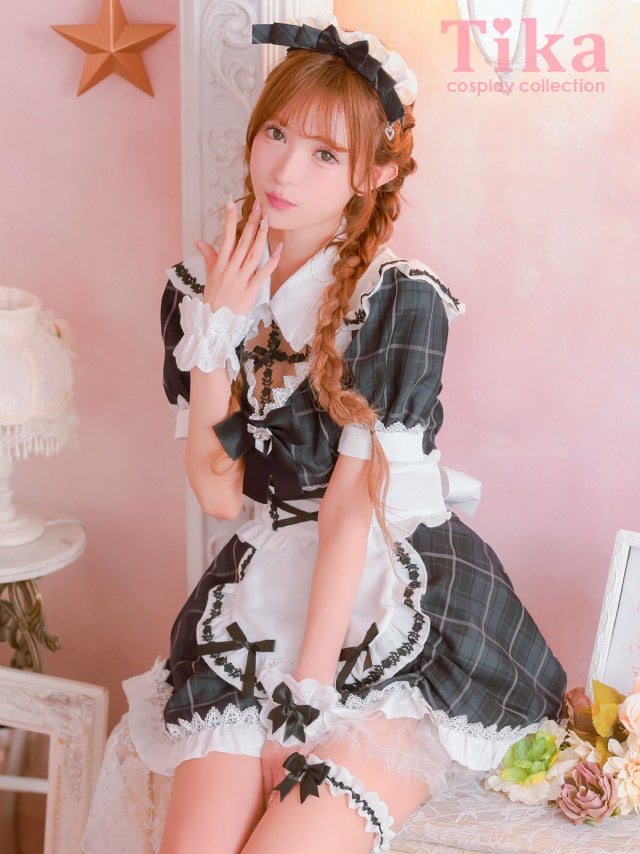 コスプレ メイド 5点set 制服 体型カバー タータンチェック フリル リボン ラブリー ガーリー