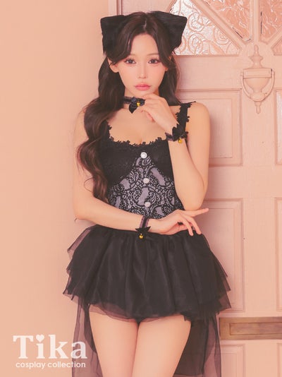 コスプレ 黒猫 6点set レース チュール フィッシュテール フレアスカート ガーリー アニマル